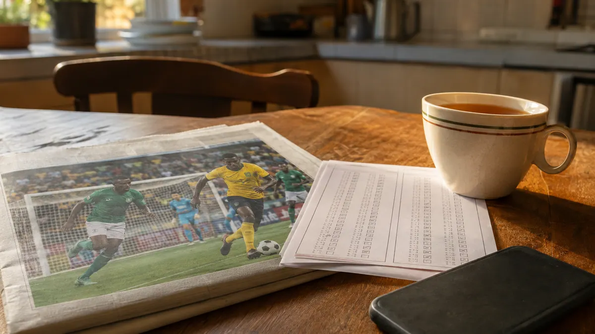 A folded newspaper sports page, a pools coupon with two columns of tick boxes and a cup of tea on a kitchen table in morning light