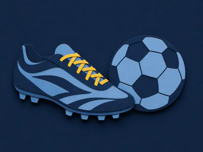 A paper-cut football boot and ball with canary laces on navy paper