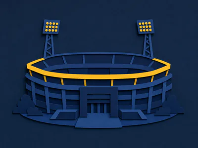 Paper-cut football stadium with tiered stands and two floodlight masts