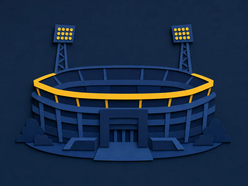 A paper-cut stadium with tiered stands and two floodlight masts
