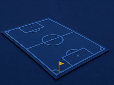 A paper-cut football pitch at an angle with a canary corner flag