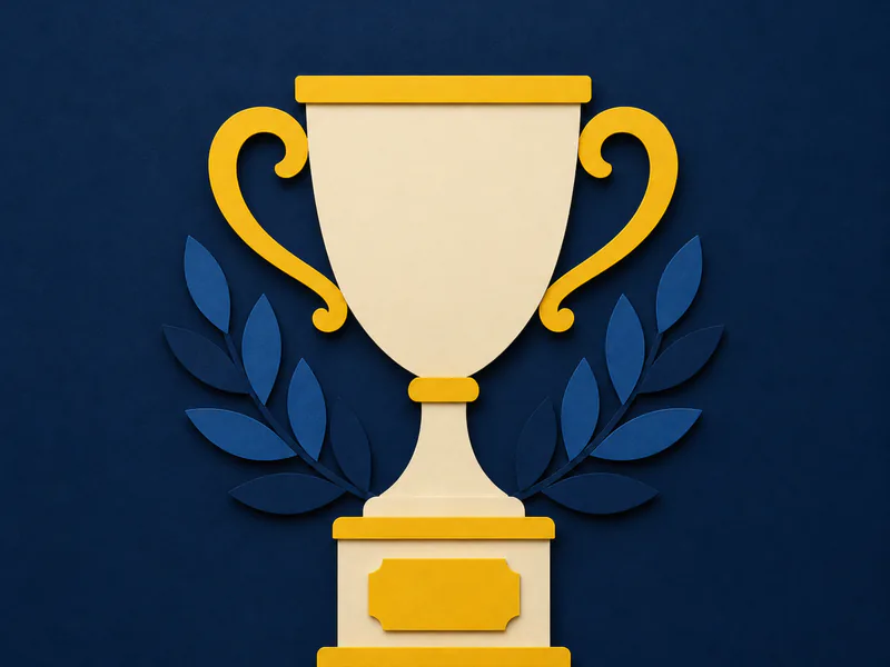A paper-cut trophy with two handles, cut from cream and canary paper