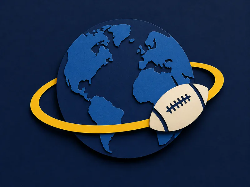 A paper-cut globe with abstract continents and a paper football orbiting it